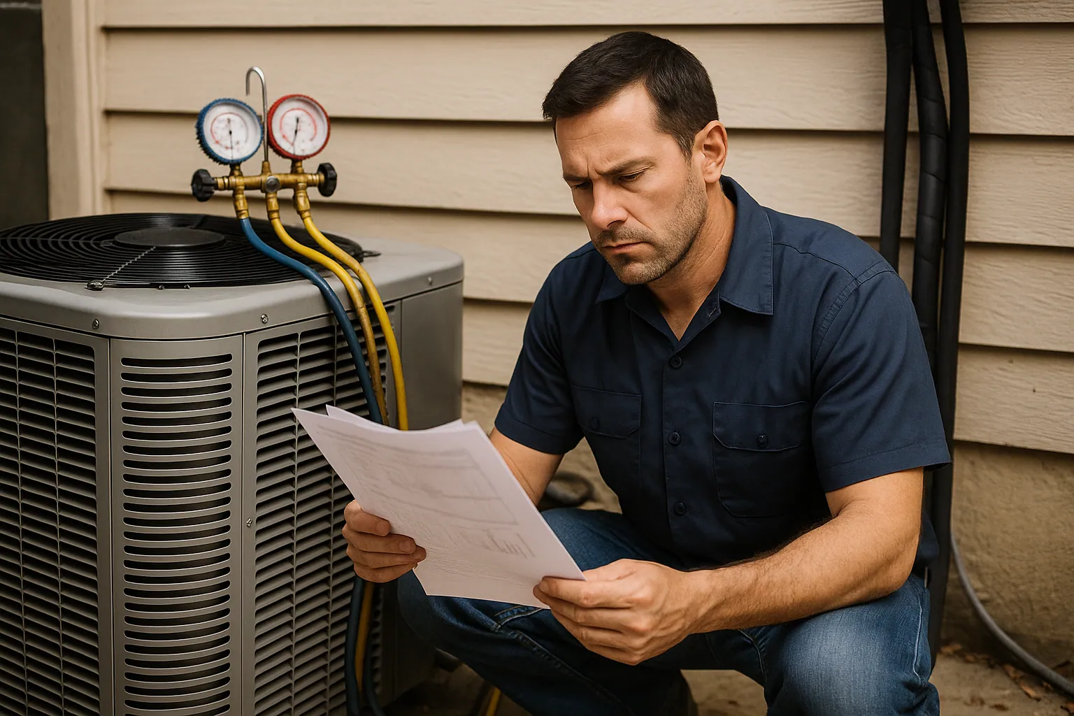 A man in a dark work shirt examines a document beside an outdoor air-conditioning unit with two pressure gauges and attached hoses.